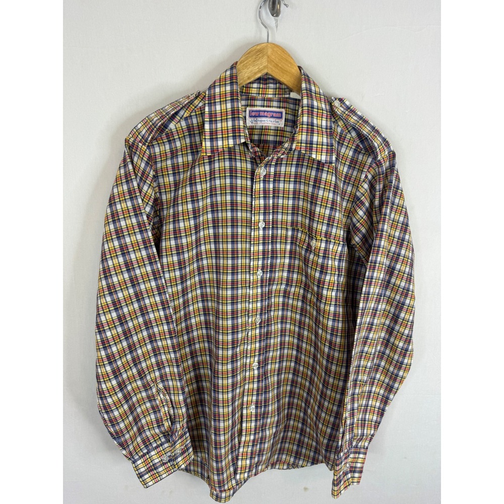 Vintage 70s Men  L Lew Magram Plaid Button Shirt Epaulets Long Sleeve New York‎